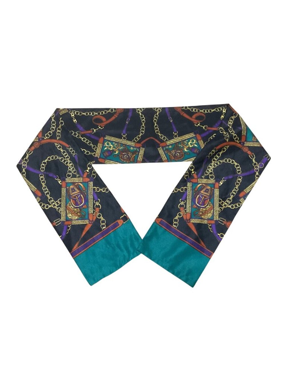 Equestrian Black & Teal Scarf Hair Wrap Or Tie 60" X 6" With Horse Riding Motif
